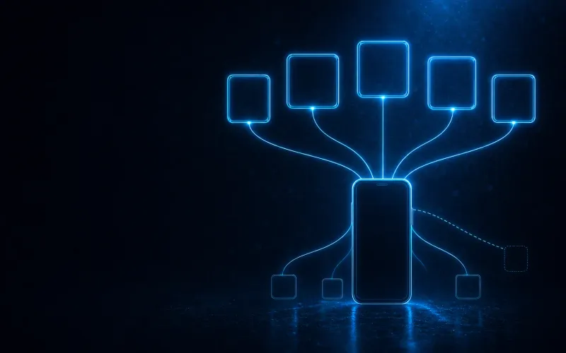 Abstract smartphone connected to multiple glowing app store portal nodes, representing China Android multi-store distribution.