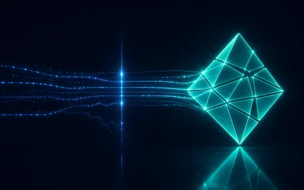 A glowing translucent teal Netlify diamond on a deep navy background, with connection streams crossing a threshold of light — most reaching it, a few fraying.