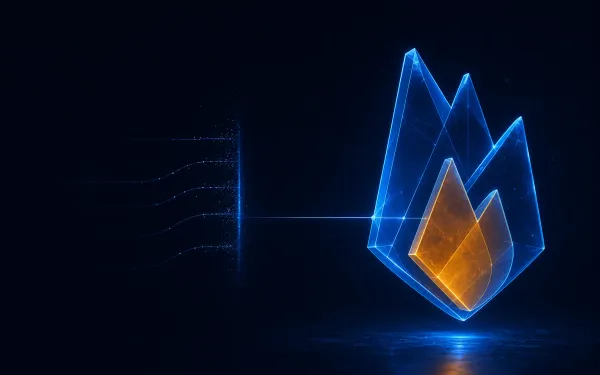A glowing translucent Firebase flame on a deep navy background, with most incoming connection streams breaking at a threshold of light and only one reaching it.