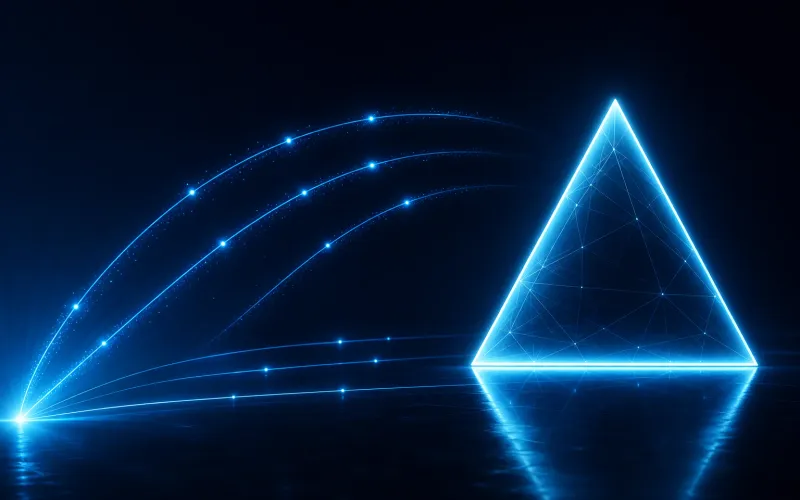A glowing translucent Vercel triangle on a deep navy background, with curved routing arcs and particle trails rising from the left — cross-border paths converging toward the edge mark, not Netlify-style horizontal streams.