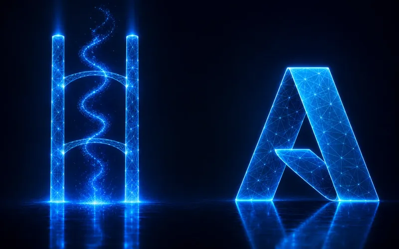 A glowing wireframe Azure logo on a deep navy background, with twin regional pillars and a rising particle helix on the left — dual-partition motif, not horizontal streams through a light barrier.