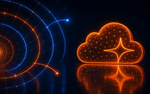 A glowing wireframe Cloudflare cloud logo in orange on a deep navy background, with concentric security-ring arcs on the left — dual-path edge motif, not horizontal streams through a light barrier.