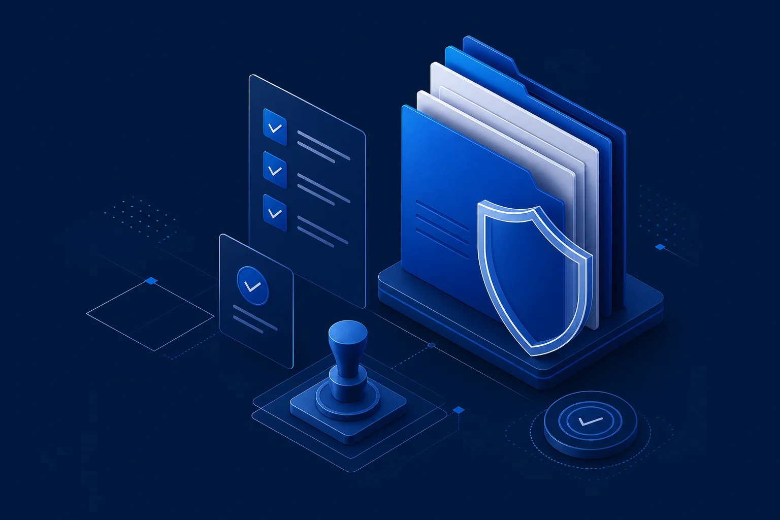 Abstract compliance documents and shield motifs on a dark editorial surface