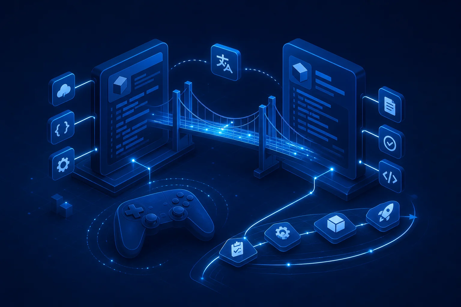 Abstract API bridge and publishing pipeline motifs on a dark editorial surface